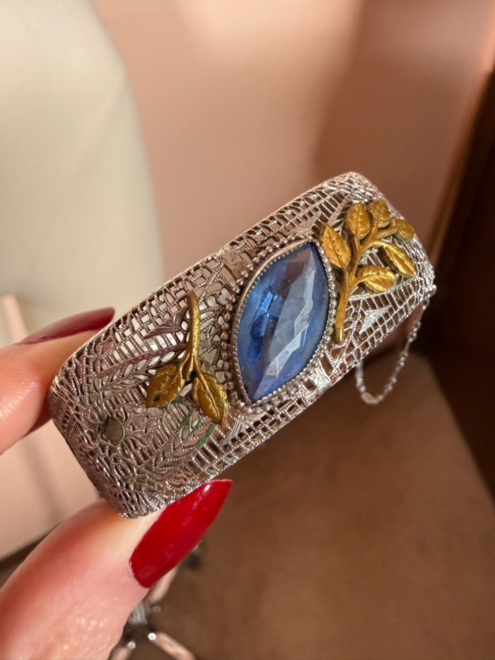 Antique 1920’s Art deco Silver Filagree Pale blue Marquee Glass Wide Bracelet - Picture 12 of 17